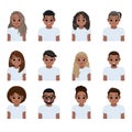 Set of young black people in white t-shirts. Collection of African American girl and boy, Vector illustration in a flat