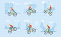 Set of a young boy in helmet rides a BMX bicycle and performs various complex tricks. Vector illustration in flat