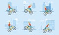 Set of a young boy in helmet rides a BMX bicycle and performs various complex tricks. Vector illustration in flat