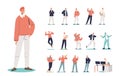 Set of young cartoon businessman or student happy smile in different lifestyle situations and poses Royalty Free Stock Photo