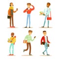 Flat vector set of young cheerful guys. University or college students with books and bags. Cartoon people characters Royalty Free Stock Photo