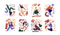 Set of young creative people working and creating in chaos of scattered abstract geometric shapes. Concept of creation
