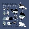 Set of young cute whales. Cachalot, dolphin, narwhal, coral, shell, anchor. Waves for decorative border, frame and pattern.