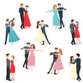 Set of young elegant male and female pairs of dancers. Vector illustration in flat cartoon style. Royalty Free Stock Photo