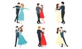 Set of young elegant male and female pairs of dancers. Vector illustration in flat cartoon style. Royalty Free Stock Photo