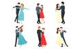 Set of young elegant male and female pairs of dancers. Vector illustration in flat cartoon style.