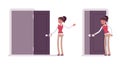Set of young female office worker opening, closing the door