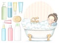 Set of girl who lies in bath, shampoo and different bottles for body care cosmetics