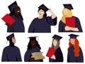 A set of young girls of different nationalities in the form of a graduate.