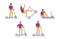 Set of young guy riding electric walk scooter, falling off scooter at speed, fall injury. Concept of driving scooter Royalty Free Stock Photo