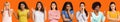 Set of young international pensive, scared, joyful and angry female isolated on orange background