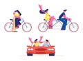 Set Young Loving Couple Ride Tandem Bicycle and Car. Summer Time Vacation Sparetime, Leisure, Romantic Voyage Royalty Free Stock Photo