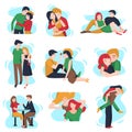 Set of young loving couples on a date, they kiss, make each other suggestions, hug, walk in the parks, sit in a cafe Royalty Free Stock Photo