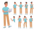 Set of young man character in various poses and actions. Happy guy holds a laptop in his hands, makes a choice, gesticulates