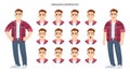 Set of young man with different facial expressions. Trendy emotional person expressing various emoji emotions.