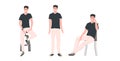 Set young man in different poses male cartoon character collection full length horizontal