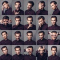 Set of young man`s portraits with different emotions and gestures Royalty Free Stock Photo