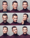 Set of young man`s portraits with different emotions and gestures Royalty Free Stock Photo