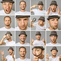 Set of young man`s portraits with different emotions and gestures Royalty Free Stock Photo