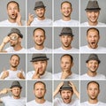 Set of young man`s portraits with different emotions and gestures Royalty Free Stock Photo