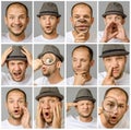 Set of young man`s portraits with different emotions and gestures Royalty Free Stock Photo