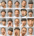 Set of young man`s portraits with different emotions and gestures Royalty Free Stock Photo