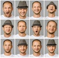 Set of young man`s portraits with different emotions and gestures Royalty Free Stock Photo