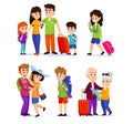 Set of young and old tourists with bags and luggage isolated on white background