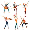 Set of young people dancing