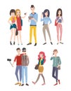 Set young people, guys and girls, communicating by phone and other gadgets. Colorful flat illustration.