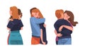 Set of young people standing together and hugging. Happy friends and romantic couples, back and side vew cartoon vector