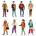 Set Young people womans mans in modern autumn trendy clothes. In medical mask, individual protection from viruses, smog