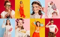 Set of young stylish girl portraits wearing diverse style outfits expressing different positive emotions. Art, fashion Royalty Free Stock Photo