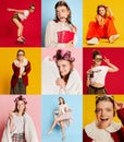 Set of young stylish girl portraits wearing diverse style outfits expressing different positive emotions. Art, fashion Royalty Free Stock Photo