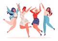 Set of young, stylish women jumping and dancing on white background.