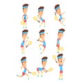 Set of young tennis player standing with racket in hand in different poses. Active sports game. Cartoon boy character in Royalty Free Stock Photo