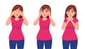 Set of young woman closing/covering her eyes, ears and mouth like the three wise monkeys. Do not see, hear and speak concept. Royalty Free Stock Photo