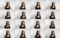 Set of young woman`s portraits with different emotions. Young beautiful cute girl showing different emotions. Laughing Royalty Free Stock Photo