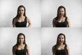 Set of young woman`s portraits with different emotions. Young beautiful cute girl showing different emotions. Laughing Royalty Free Stock Photo