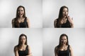 Set of young woman`s portraits with different emotions. Young beautiful cute girl showing different emotions. Laughing Royalty Free Stock Photo