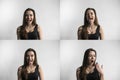 Set of young woman`s portraits with different emotions. Young beautiful cute girl showing different emotions. Laughing Royalty Free Stock Photo