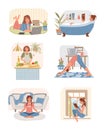 Set of young women doing different home activities: working, studying, doing exercises, cooking, takes a bath, meditating, reading