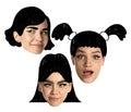 Set of young women faces, human heads with funny drawn haircuts, hairdo. Curly and straight, quads, bob or pank and