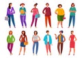 Set young women and girls standing in different poses in casual clothes. Female people in flat cartoon style vector Royalty Free Stock Photo