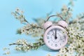 Pink alarm clock and delicate little white flowers on blue background. Top view. Time for love and greetings. Spring Royalty Free Stock Photo