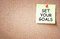 Set your goals concept. sticky pinned to corkboard with room for text.