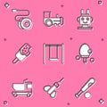 Set Yoyo toy, Toy train, Robot, Ice cream, Swing, Racket, truck and Dart arrow icon. Vector