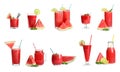 Set of yummy watermelon cocktails in different glassware