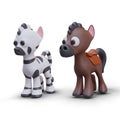 Set of zebra and pony on white background. Side view on animals