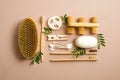 Set of zero waste bathroom items. Flat lay eco natural bamboo toothbrushes, bath brush, luffa sponge, homemade soap, ear sticks, Royalty Free Stock Photo